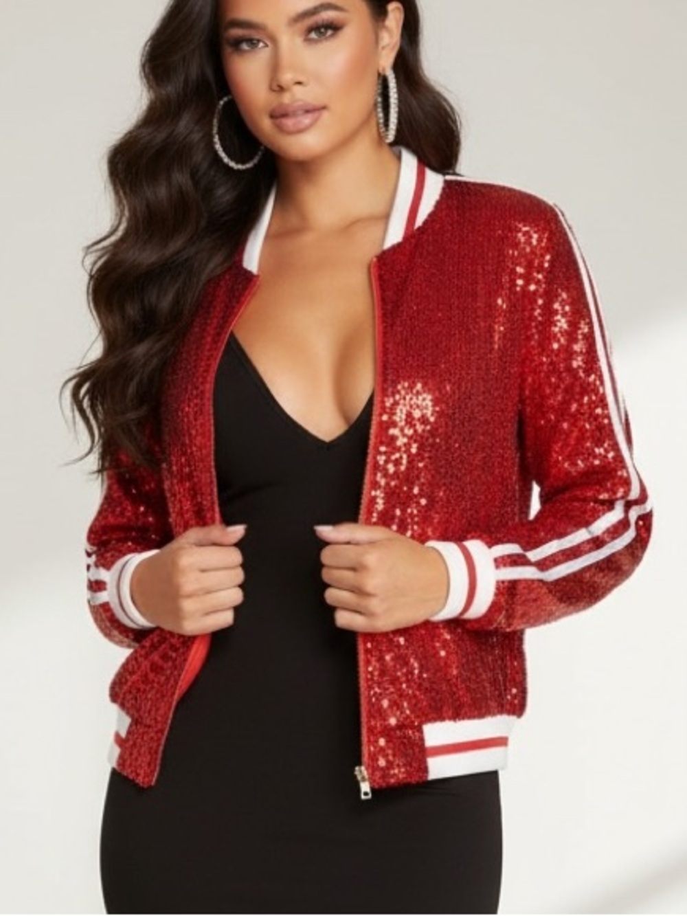 Anna-Kaci Red Sequin Varsity Bomber Jacket